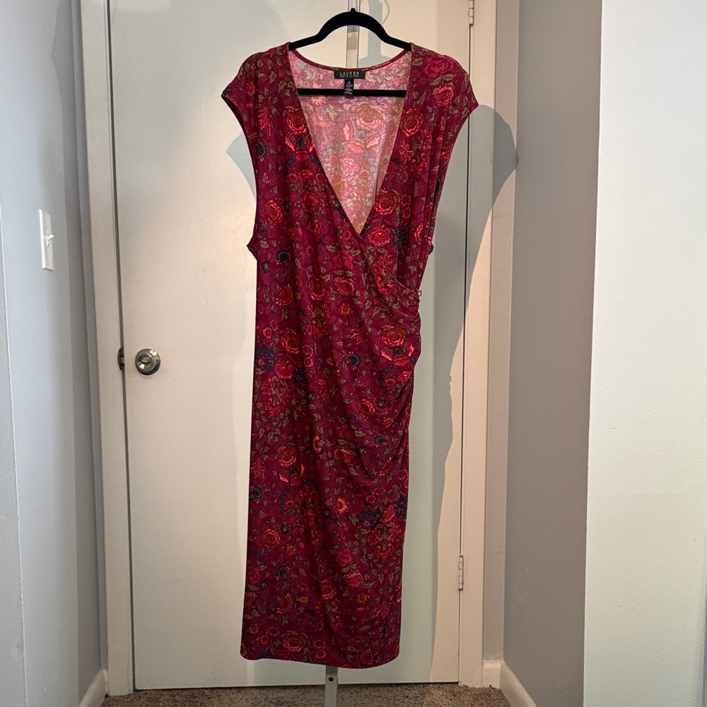 Ralph Lauren Burgundy Floral Faux Wrap Dress 3X